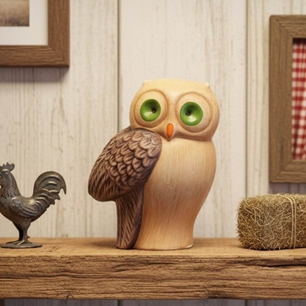 Owl Figurine with Green Eyes, Vintage Ceramic Owl, Made in Portugal, Vtg Decor